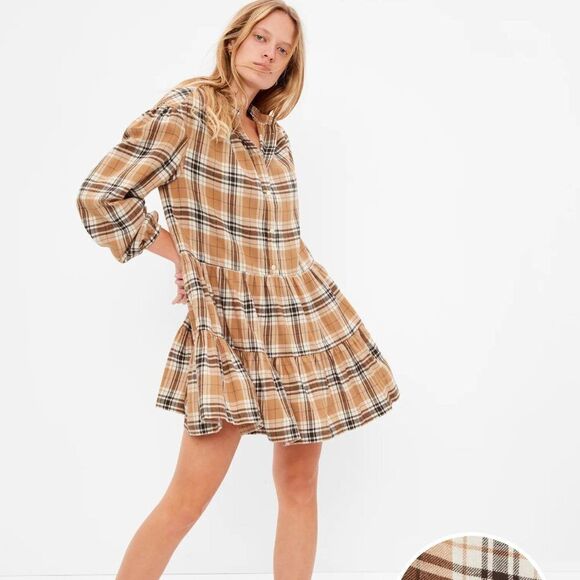 GAP Women's Soft Cotton Brown Plaid Tiered‎ Mini Dress - Picture 1 of 8